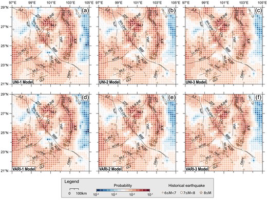 Alarm function values of the RELM-TibetSE models. The alarm function represents the probability of M ≥ 6 earthquakes over future 30 yr. The UNI submodels (a)–(c) are derived from uniform seismogenic layer thickness and rigidity. The VARI submodels (d)–(f) are derived from the seismogenic layer thickness and rigidity with spatial variations. UNI-1 and VARI-1 established using maximum engineering shear strain rate. UNI-2, VARI-2, UNI-3 and VARI-3 established using maximum and minimum principal strain rates in the horizontal plane.