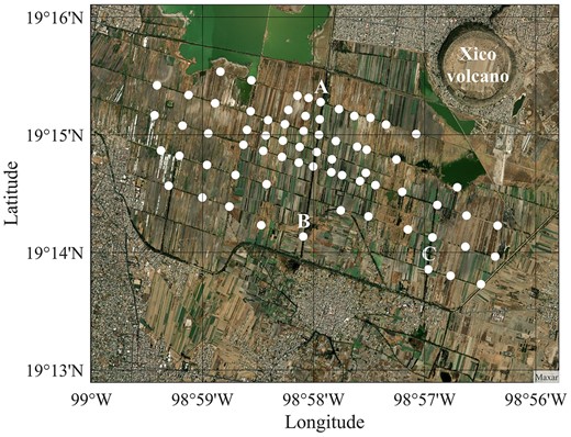 Satellite image with location of the Chalco array at the southern part of the Valley of Mexico (Mapping Toolbox—MATLAB), with the measured points georeferenced in white. Stations marked with A, B and C were selected for discussion in Section 7.