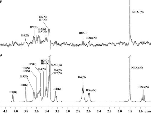 (A) 1H NMR spectra of 46 µM of VP8* complex with Neu5Ac-α(2,6)-S-Galβ1Me at a mole ratio of 1:100. (B) STD 1H NMR spectrum with saturation frequency of the protein on-resonance at 7.13 ppm and off-resonance at 33 ppm using a Gaussian pulse cascade (40 Gaussian pulses of 50 ms duration, each with a delay of 100 µs in between each pulse) with a total saturation time of 2 s. All spectra were acquired in 20 mM phosphate buffer, pH 7.1, containing 10 mM NaCl, at 288 K and 600 MHz.