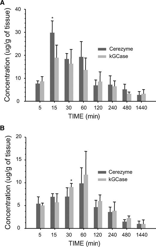 Tissue uptake and half-life. Concentration of GCase (based on enzymatic activity) in liver (A) or spleen (B) from D409V/null Gaucher mice at various times following administration either Cerezyme® or kGCase at 5 mg/kg intravenously (five animals per group) (asterisk indicates statistically significant difference with P < 0.05 using a Student's t-test).