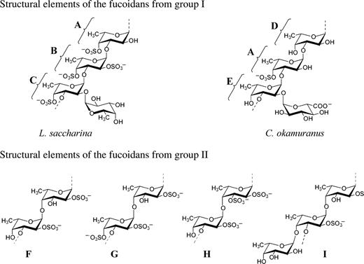 Reported structural motifs for fucoidans isolated from the brown seaweeds L. saccharina (A–C) (Usov et al. 1998), C. okamuranus (A, D, E) (Nagaoka et al. 1999; Sakai et al. 2003), F. evanescens (F, G) (Bilan et al. 2002), F. distichus (G) (Bilan et al. 2004), F. vesiculosus (F, H) (Chevolot et al. 2001), A. nodosum (F major, H, G minor) (Chevolot et al. 1999; 2001), and F. serratus (F, G, I) (Bilan et al. 2006).