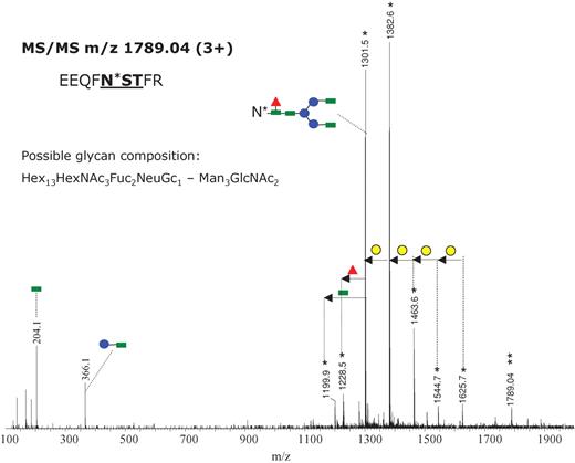 MS/MS the triply charged precursor ion of m/z 1789.04 obtained with a collision energy ramp from 30 to 40 V. The most abundant product ions are doubly charged (indicated with a single asterisk) and result from the fragmentation of the glycan moiety. The product ion of m/z 1301.5 (2+) (which provided the fragmentation pattern shown in Figure 2) indicates the same amino acid sequence for the peptide backbone. One of the possible glycan compositions is indicated at the left. The successive loss of hexose (either mannose or galactose) is indicated through yellow circles. Green square – N-acetylglucosamine; red triangle – fucose; blue circle – mannose; yellow circle – galactose; purple rhombus – sialic acid.
