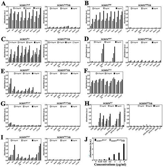 Specific binding of SGRPs to sialoglycans in mammalian sera. The figure presents SGRPs binding of sialoglycans in biological samples, here represented by mammalian sera from mouse, rat, rabbit, Guinea pig, goat, sheep, horse, human, and Cmah−/− mouse. Panels A–I (except panel H) show binding efficiency of SGRPs and their nonbinding controls toward sera in concentration-dependent manner, as marked in individual panels. Panel H shows binding of SGRP8TeT and SGRP8TeTNB of purified gangliosides at concentrations mentioned in panel. Panel J demonstrates the 7,9-diOAc-Sia-specific binding of SGRP7BCoV with bovine submaxillary mucin, while its mutant SGRP7BCoVNB shows no affinity toward BSM. Binding of biotinylated SGRPs was detected and developed using Avidin-HRP (1:1,500). ELISA for each SGRP pair was performed under the same experimental conditions and validity of binding was confirmed by background signal wells treated only with secondary antibody (Avidin-HRP), not shown here.