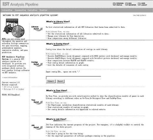 The index page of the EST Pipeline System. Users can get concise information of each view.