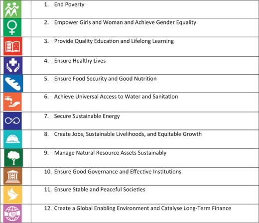 High-Level Panel’s 12 ‘illustrative’ post-2015 SDGs (High-Level Panel 2013).