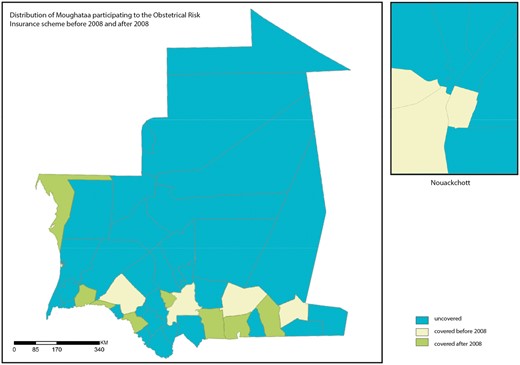 Distribution of the health districts that participated to the Obstetrical Risk Insurance (ORI) scheme before and after 2008.