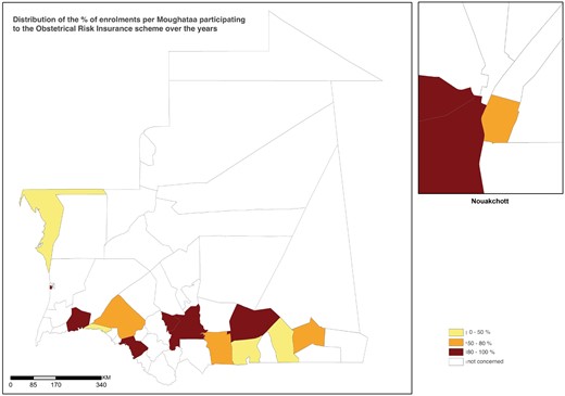 Distribution of the level of women enrolmnent per heath district.