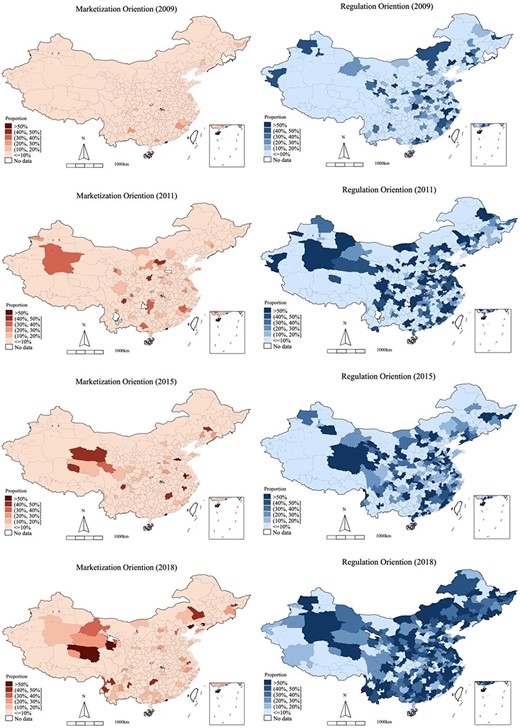Geographic variations in marketization orientation and regulation orientation at the prefectural level in selected years (2009, 2011, 2015 and 2018) Notes: We used relative measures to gauge the prefecture-level marketization orientation and regulation orientation of policy efforts related to the strengthening of health financing governance. Marketization orientation was defined as the proportions of marketization-dimensioned keywords in the total frequency of marketization promotion- and resource input-dimensioned keywords; regulation orientation was defined as the proportions of keywords denoting regulation enforcement reform in the total frequency of regulation enforcement- and resource input-dimensioned keywords