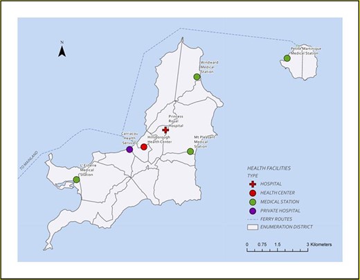 Location of health facilities in relation to Enumeration Districts Carriacou and Petite Martinique and Ferry Route between the islands