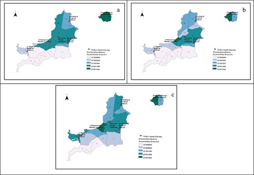 Spatial patterns for Carriacou and Petite Martinique using gravity model, (a) β = 0.1, (b) β = 0.5 and (c) β = 0.9