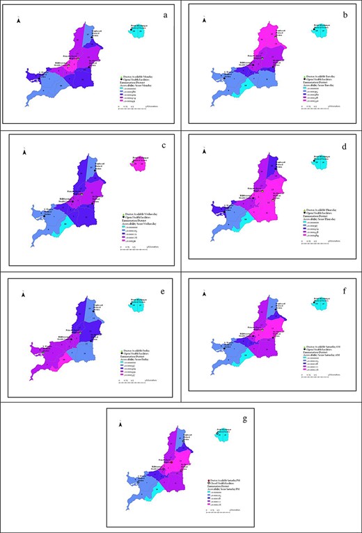 Spatial distribution for Carriacou and PM using the TA2SFCA by days of the week—(a) Mondays, (b) Tuesdays, (c) Wednesdays, (d) Thursdays, (e) Fridays, (f) Saturdays AM, (g) Saturdays PM