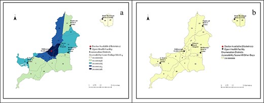 Spatial patterns obstetrics/gynaecology in Carriacou and Petite Martinique, (a) last Friday of month, (b) all other days