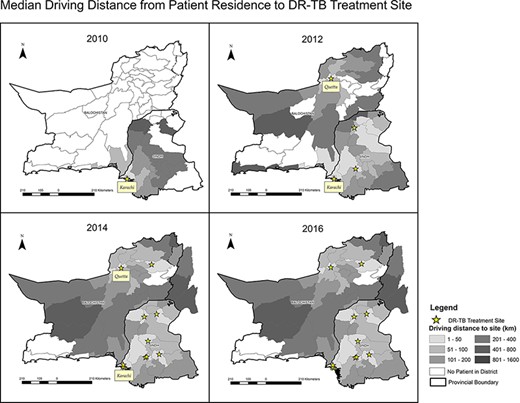 Median driving distance from patient residence to DR-TB treatment site