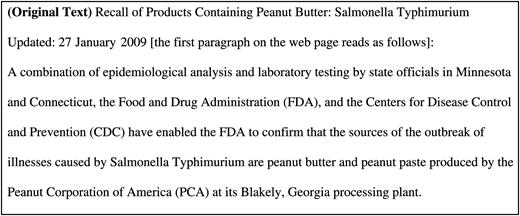 Simplifying the peanut butter contamination text from the U.S. Food and Drug Administration (FDA) web page on salmonella and peanut products (U.S. Food and Drug Administration, 2009).
