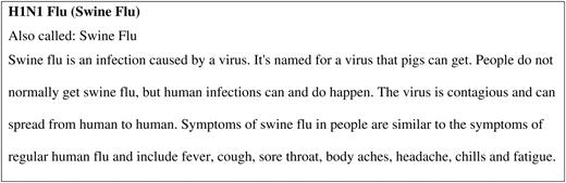H1N1 Flu (Swine Flu) text from MedlinePlus (MedlinePlus, 2009b).
