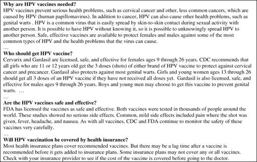 Excerpts from Vaccines and Preventable Diseases: HPV Vaccine - Questions & Answers (CDC, 2009).
