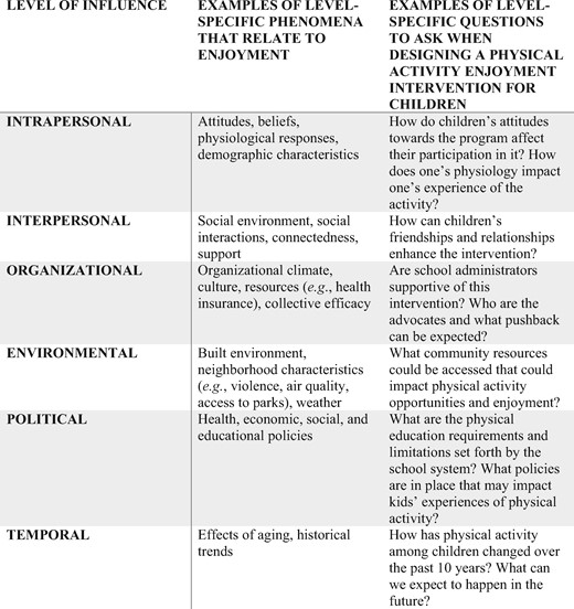 Conceptual understanding of levels of influence on enjoyment.