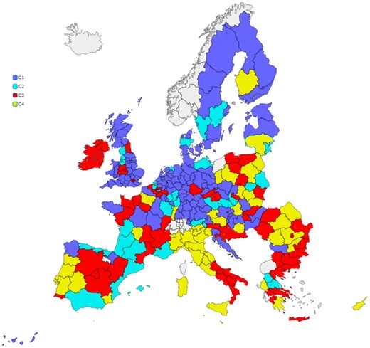  Clustering of the European regions according to their health-related PA levels.