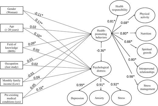 Regressions, correlations and factor loadings of the tested model. Notes: The text in parentheses for each observable variable indicates the reference category; BHS = biological and health sciences; * = p < 0.001.