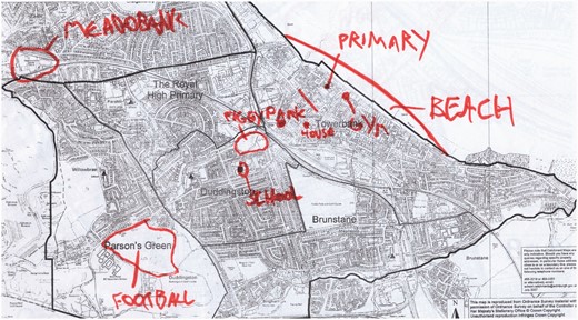 Map demonstrating the range of areas used for physical activity (School C, S2 boy). NB: Meadowbank is a large council-run sports centre.