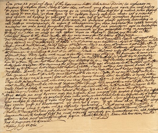 Bedford, Bedfordshire Archives Service, HW88/34, letter from Richard How II to Silena Ramsay which begins in code and ends in French, 21 July 1761.
