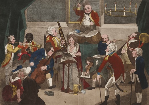 The Country Concert, by C. L. Smith, 1794 (courtesy of The Lewis Walpole Library, Yale University). This etching depicts uniformed officers and soldiers, including a Black musician, as part of the orchestra.
