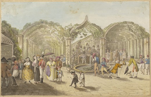 Watercolour by Sir George Whitmore, c.1800–12 (Gloucestershire Archives, D45/F58), depicting a military band playing amidst a multiethnic crowd in the Upper Barrakka gardens in Valletta, Malta.