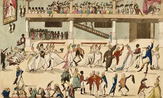 A Grand Jamaica Ball!, 1802 (Library of Congress), depicting a military band (top right).