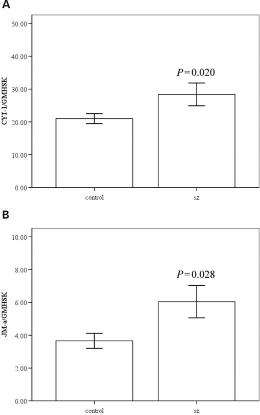 ErbB4 splice-variant isoforms CYT-1 ( A ) and JM-a ( B ) are increased in the DLPFC of patients with schizophrenia. Quantitative RT-PCR analysis, normalized to the geometric mean of three housekeeping genes (GMHSK) (PBGD, SDH and cyclophilin). N = 45 normal control subjects and 32 patients with schizophrenia (sz). Mean ± SEM, ANOVA.