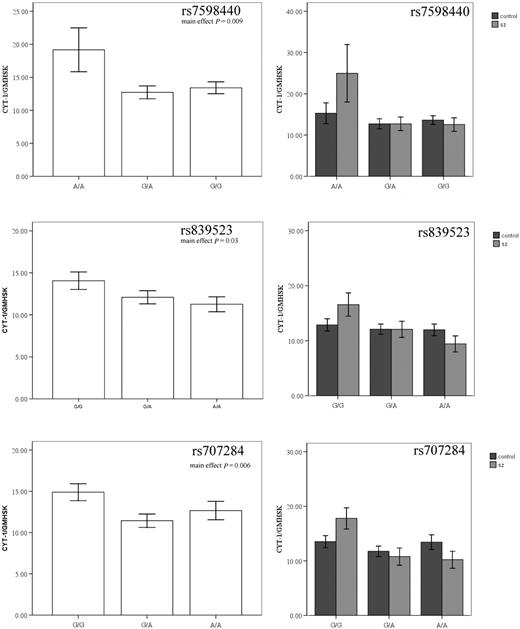 Association between schizophrenia risk variants (rs7598440, rs839523 and rs707284) and CYT-1 splice isoform levels in the hippocampus. Main effects of genotype on CYT-1 variant expression were observed for all SNPs in the whole group (left column). Data parsed by diagnosis (right column) Mean ± SEM. rs7598440: A/A, N = 13; G/A, N = 48; G/G, N = 40; rs83952: G/G, N = 32; G/A, N = 50; A/A, N = 19; rs707284: G/G, N = 31; G/A, N = 44; A/A, N = 20.