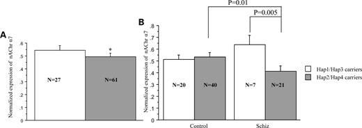 Association between hap4/hap2 carrier status and normalized nAChR α7 subunit mRNA in the DLPFC. (A) A significant effect of haplotype on the normalized nAChR α7 subunit mRNA expression was observed in the whole cohort, with hap2/hap4 carriers having significantly lower amount compared with those individuals carrying hap1 and hap3 (P = 0.02). (B) Splitting the genotypes by diagnosis revealed a significant interaction of diagnosis and genotype (P =0.002) with schizophrenic patients carrying the risk haplotype having significantly lower expression of mRNA than controls who are risk haplotype carriers (P = 0.01). Graphs represent mean ± SEM.