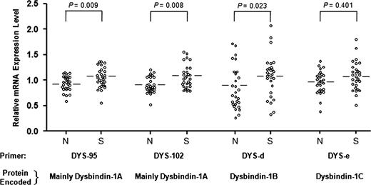 Relative expression levels of targeted DTNBP1 transcripts in DLPFC of schizophrenia (S) cases and matched normal (N) controls as determined with qRT–PCR using primer sequences specified in Table 2. For each of the four different transcripts, the data points (open circles) are normalized values divided by the mean expression level for that transcript on all samples (S and N) so that data for all four transcripts could be plotted on the same scale despite much higher levels of dysbindin-1A than dysbindin-1B or -1C transcripts.