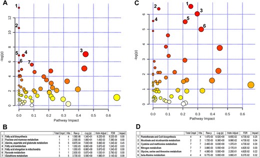 Metaboanalyst analysis of altered metabolites in control and cALD. Metaboanalyst analysis of the KEGG metabolic library for CTL vs NLA (A) and NLA vs PLS (B). Both the over-representation of altered metabolites within the pathway (hypergeometric test) and the impact of the changed metabolites on the function of the pathway through alterations in critical junction points of the pathway (relative betweenness centrality) were assessed. Results show the most significant pathways in terms of hypergeometric test p value (vertical axis as -log(p), shades of red) and impact (horizontal axis, circle diameter). (C) Top seven pathways in CTL vs NLA and (D) top six pathways in NLA vs PLS that arise with low p values and high impact.