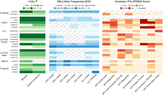 A heatmap visualizing the significance, allele frequencies, and annotation principal components of distinct single variant findings.
