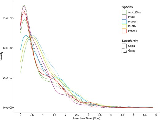 Estimated insertion time of full-length LTR retrotransposons in five Armeniaca species. The X axis represents insertion time and the Y axis represents density. Prunus sibirica is represented by PruSib, P. mandshurica by PrunMan and P. mume var. tortuosa by Pmtor.