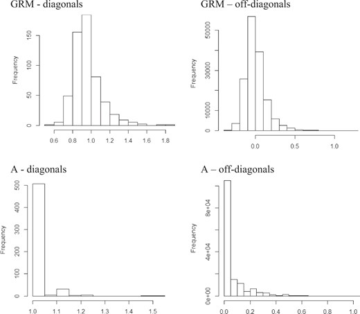 Diagonal and off-diagonal estimated realised (SNP-derived, GRM) and expected (pedigree-derived, A) additive relationship matrices elements for germplasm evaluated in this study