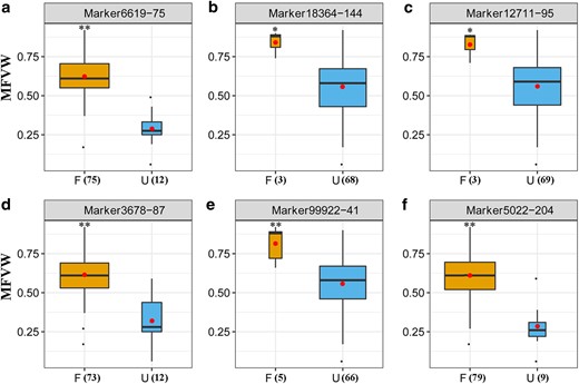 Box plots indicating the variation in MFVWs for six favorable alleles. a–f, Boxes colored orange and blue refer to entries carrying the favorable (F) and unfavorable (U) alleles, respectively. The number of individuals for each allele is given in parenthesis and is represented by the width of the box. The mean values of each group are indicated by red circles. ** and * differ at P < 0.01 and < 0.05, respectively, as calculated by Student's t test