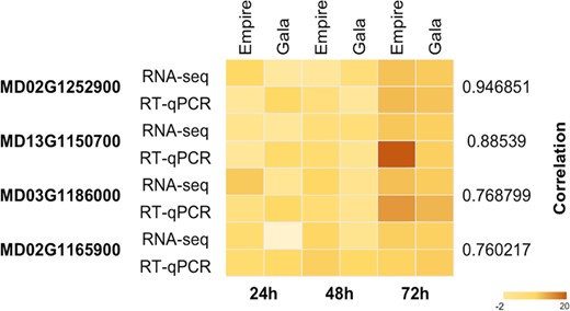 Four genes were selected for the confirmation of differentially expressed genes using the same RNA samples that were used for RNA sequencing. Three biological and three technical replicates were used for each sample and control. Pearson correlation between the gene expression levels measured using RT-qPCR and RNA-Seq was used for validation. The colors in the heat plot represents values for log2 fold change for each sample