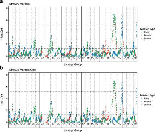 The coloured dots represent −log10(p) scores for the association of each single nucleotide polymorphism marker with resistance to Phytophthora cactorum, while the black dashed horizontal line represents the significance threshold 1.3 (p = 0.05) and the grey dashed horizontal line represents the Bonferroni correction significance threshold 5.4 and 5.2, for the IStraw90 markers (p = 4.31e−06) and IStraw35 markers (p = 5.99e−06), respectively. Regions on linkage groups 1A, 1B, 1C, 1D, 2A, 2B, 2C, 3A, 3B, 3C, 3D, 4B, 4C, 5A, 5B, 5C, 6A, 6B, 6C, 6D, 7A, 7C and 7D were significantly associated with resistance to P. cactorum, based on p < 0.05. a IStraw90 markers and b IStraw35 markers only