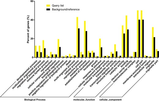 The x-axis is the GO term targeting gene enrichment, whereas the y-axis represents the percentage of target genes mapped by the term. The query list (yellow bar) represents the percentage of target genes mapped to the GO term in all genes of the input list. The background/reference list (dark bar) represents the percentage of all GO term genes from all reference database genes