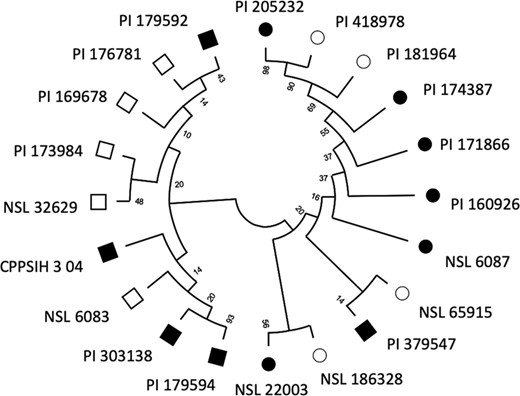 Circles, susceptible lines; squares, resistant lines; filled squares and circles, significant BLUPs from REML model.