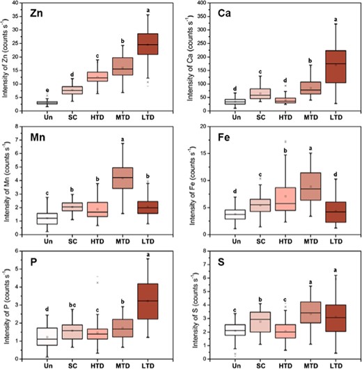 Fluorescence intensities (counts s-1) of Zn and other elements (Ca, Mn, Fe, P and S) in the micro-XRF mapping of leaves. The lines at the top, bottom and middle of the box correspond to the 75th, 25th and 50th percentiles (median), respectively. Whiskers indicated ± standard deviation. The dots indicated the mean values. The variance was performed on the data sets by Fisher's least significant difference test (p < 0.05 for significant and p < 0.01 for very significant) for each set of corresponding data. Un, untreated; SC, stomatal closure; HTD, high trichome density; MTD, medium trichome density; LTD, low trichome densities