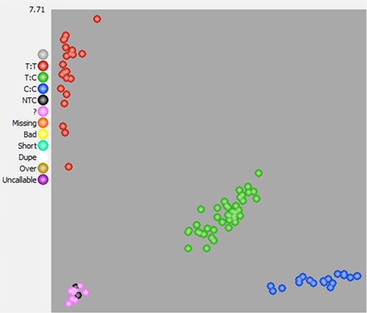 Three genotypes (T:T, C:T, and C:C) were observed in 17, 39, and 14 progenies