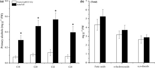 a All primary alcohol monomers identified. b Total amounts of fatty acids, ω-hydroxyacids, and α,ω-diacids compounds. The error bars indicate the SDs of three independent experiments. The asterisks represent significant differences compared with the control using a t-test (*p < 0.05).