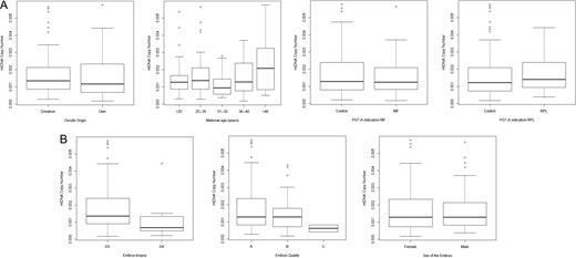 Association between mitochondrial DNA copy number and maternal and embryo factors. (A) mitochondrial DNA (mtDNA) and maternal factors, (B) mtDNA and embryo factors. PGT-A, preimplantation genetic testing for aneuploidies; RIF, recurrent implantation failure; RPL, recurrent pregnancy loss.