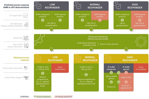Schematic overview of the guideline ‘ovarian stimulation for IVF/ICSI’. AMH: anti-Müllerian Hormone; AFC: antral follicle count; rFSH: recombinant FSH; p-FSH: purified FSH; hp-FSH: highly purified FSH; LPS: luteal phase support, ET: embryo transfer.