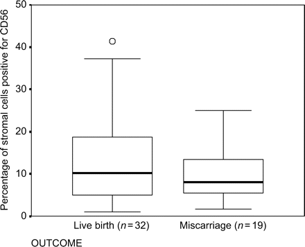 Boxplot showing the percentage of CD56 positive cells in timed endometrial biopsies and pregnancy outcome following biopsy in 51 women with unexplained RM (opern circle indicates outlier)