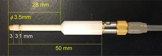 A transvaginal probe for measurement of vaginal bioelectrical impedance. The 3.5 mm diameter probe with gold-plated two-electrode (first electrode; 3 mm width, interval; 3 mm, second electrode; 1 mm width).