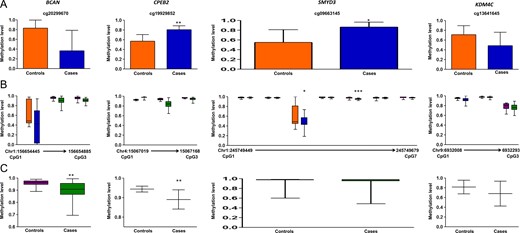 Methylation data for BCAN, CPEB2, SMYD3 and KDM4C for 450 K DMC (A), deep sequencing of neighboring CpGs in the target region (B), SMYD3 data was generated using Sanger sequencing. Average methylation in the target region compared between cases and controls (C). 450 K DMC in deep sequencing (B) has been denoted using the same colors as in graphical representation of the DMC in panel A. In panel B, chromosome and nucleotide positions of the CpGs analyzed have been shown by numbers on the X-axis of the box plot.