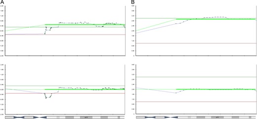 Discordant chromosome 22 results comparing the Array Comparative Genomic Hybridization (array-CGH) and next generation sequencing (NGS) copy number variation (CNV) charts from an embryo from a 46,XY,t(11;22)(q23.3;q11.2) translocation carrier. (A) Shows the array-CGH profile identified a 22q11.2–22qter duplication and a 22pter–22q11.2 deletion. (B) Shows the NGS profile identified trisomy 22 only.